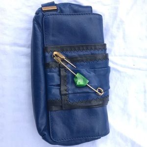 Safety Pin Green Stone Cobalt Blue Leather Clutch